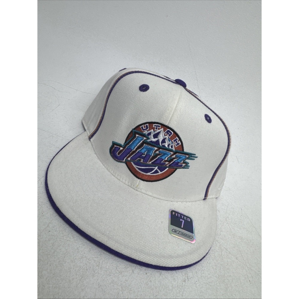 Vintage Y2K Reebok NBA Utah Jazz Fitted Hat White Purple Size 7 Retro Cap